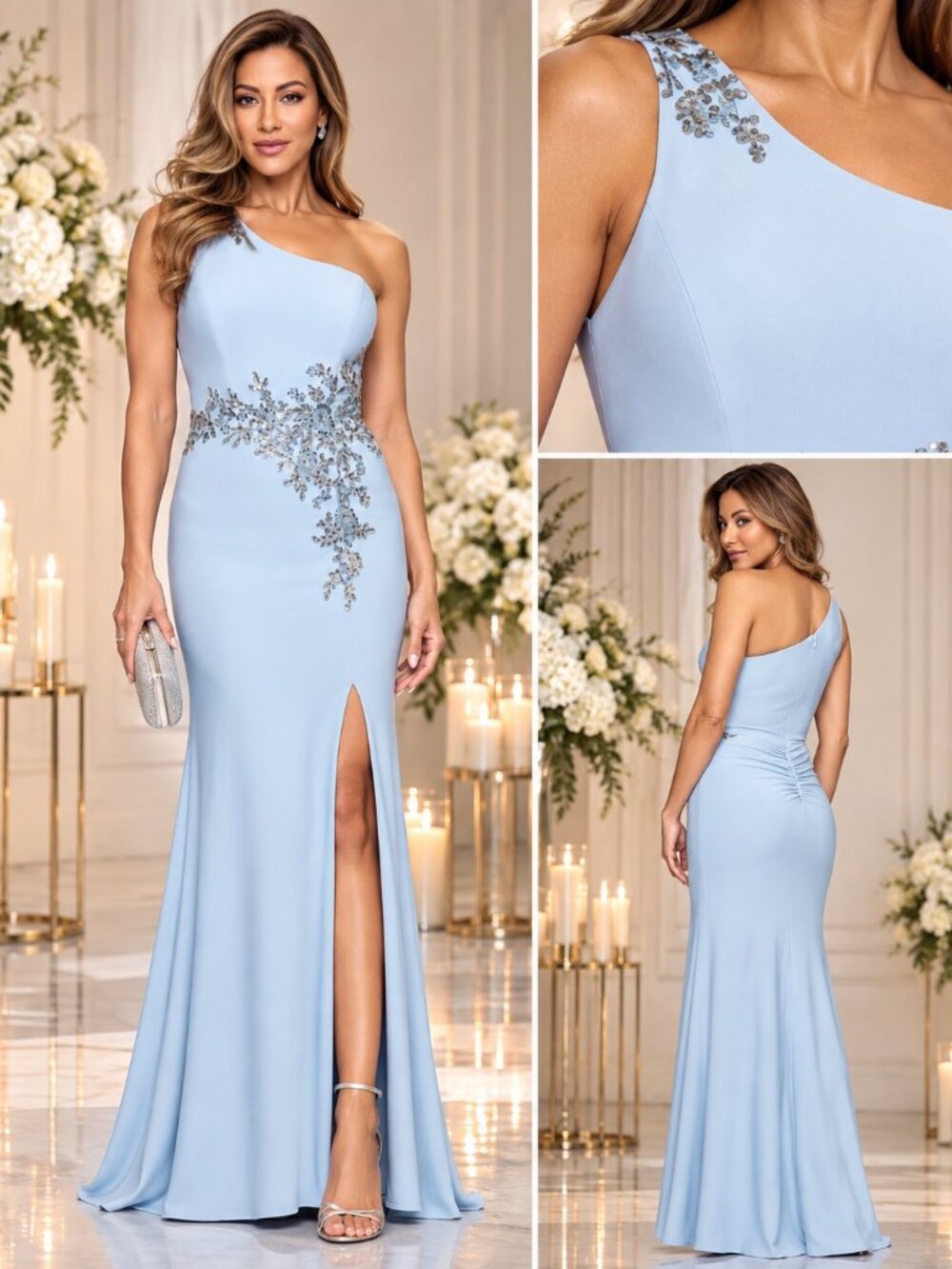 XSCAPE Blue Embellished One Shoulder Formal Gown Petite 4P NWT
